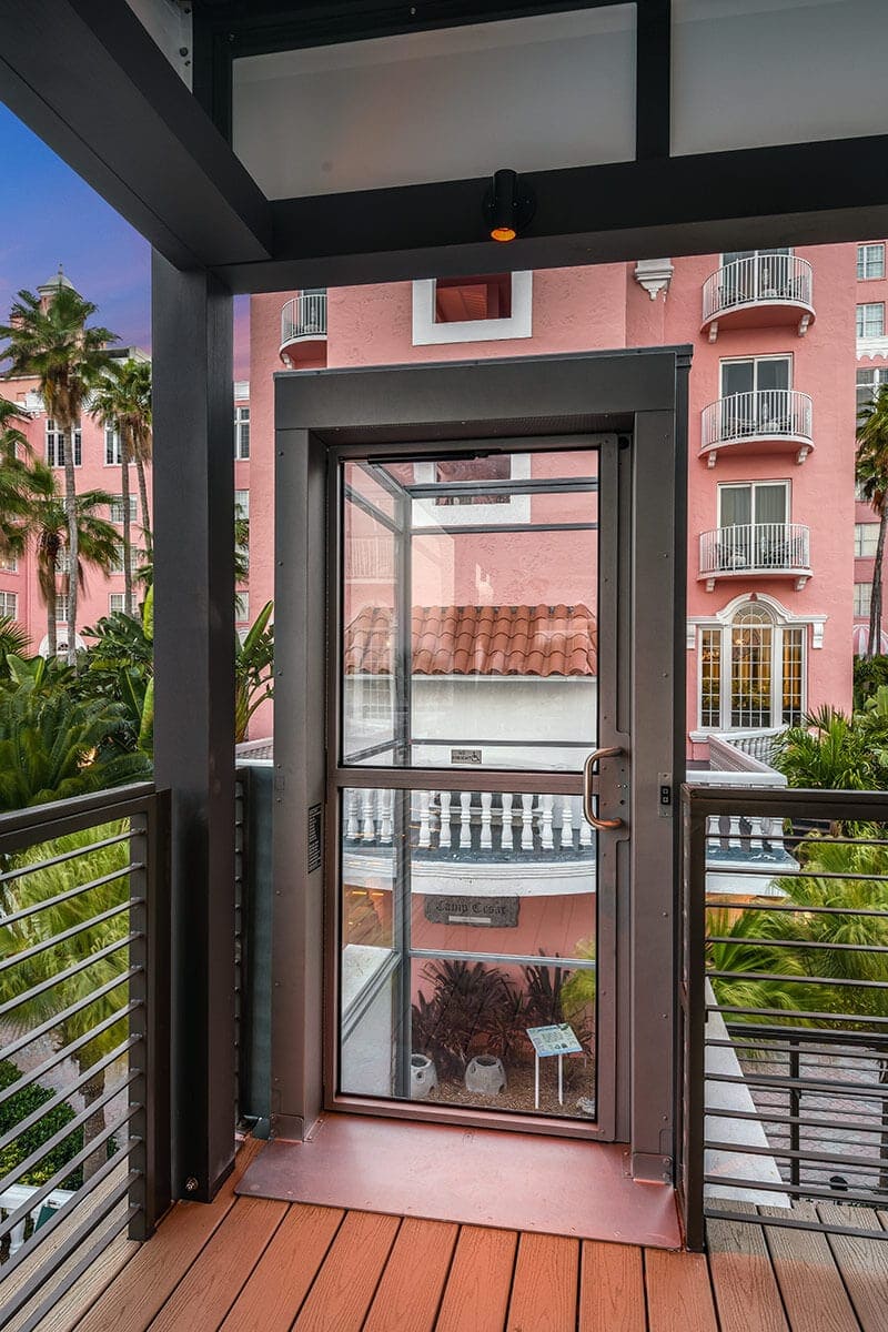 The upper landing gate of the Ascension Clarity wheelchair lift at the Don Cesar resort in Saint Petersburg, FL