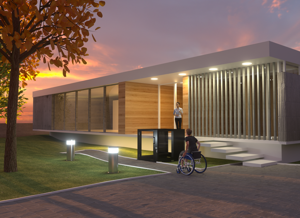 A woman in a wheelchair is seen moving towards the Protégé wheelchair lift which is attached to a house. A woman stands in the doorway watching while the sunsets in the background