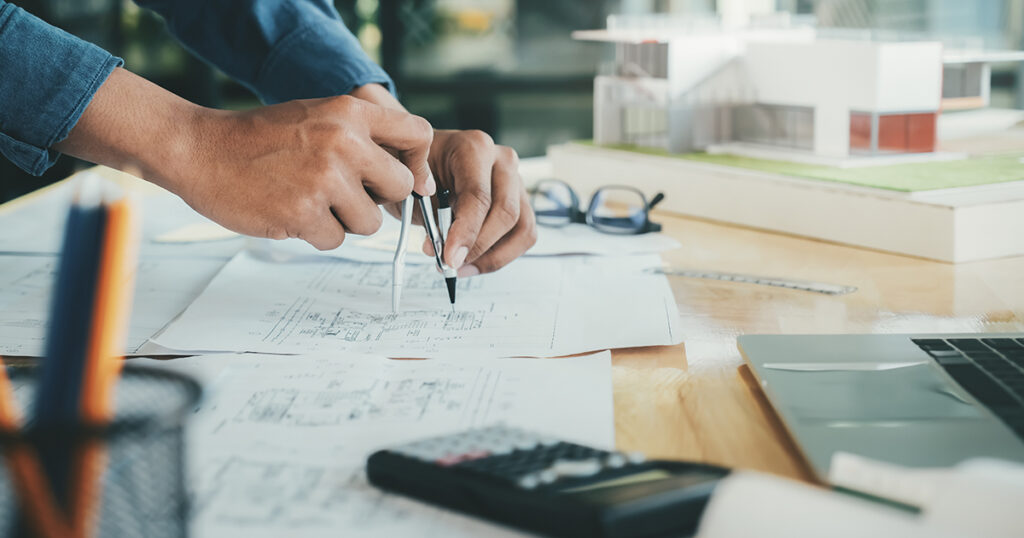 Architect or engineer working in office, Construction concept. Engineering tools.