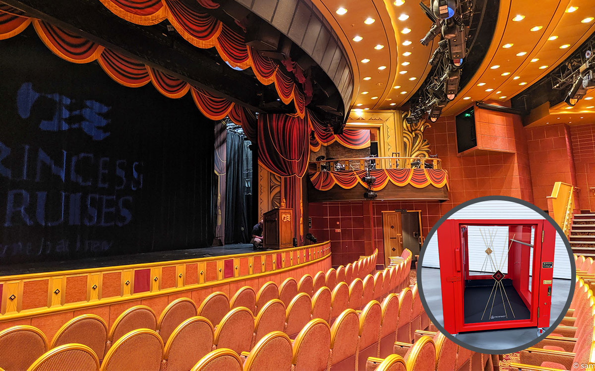 The theater on the Emerald Princess cruise ship with a picture of their wheelchair lift inset.