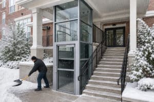A person shovels snow from around a vertical platform lift.