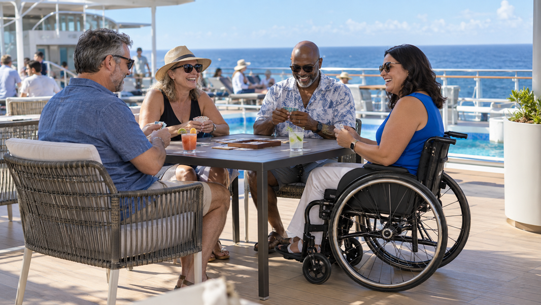 A wheelchair user enjoys a game of cards with friends on the deck of a cruise ship.
