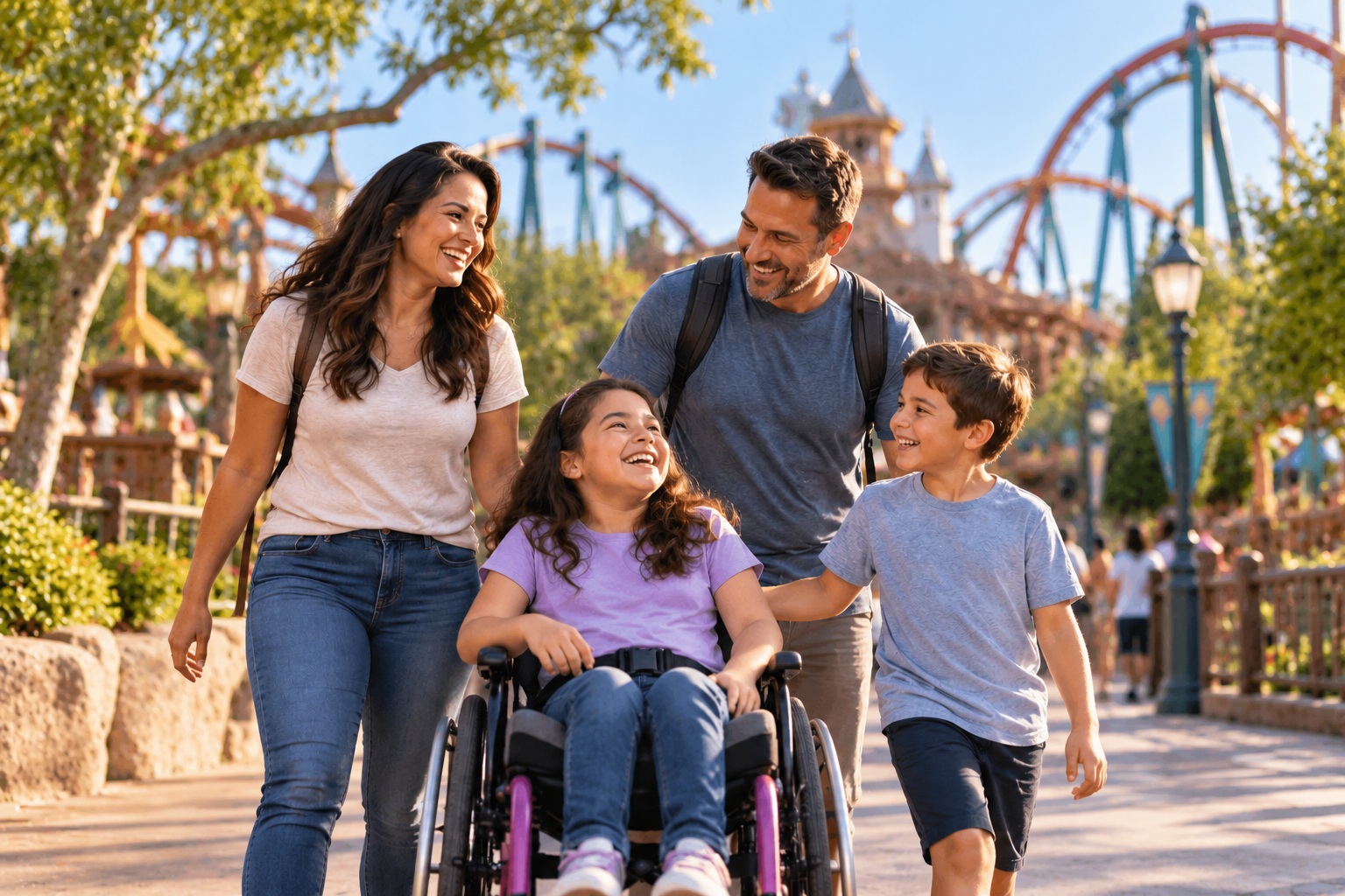 A family with a child in a wheelchair enjoying the day at a theme park.